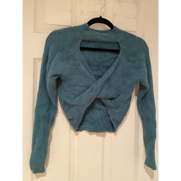 Fluffy Blue Twisted Back Design Crop Top Turtleneck - Picture 2 of 2